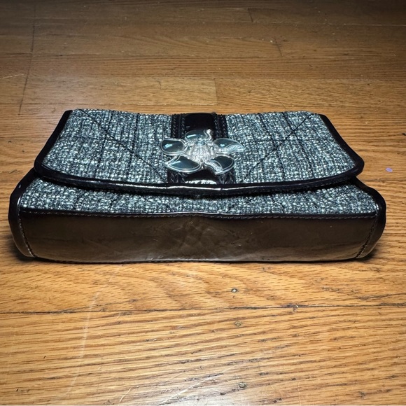 Brighton Black and Gray Tweed Clutch with Silver Flower and chain strap - Picture 3 of 10